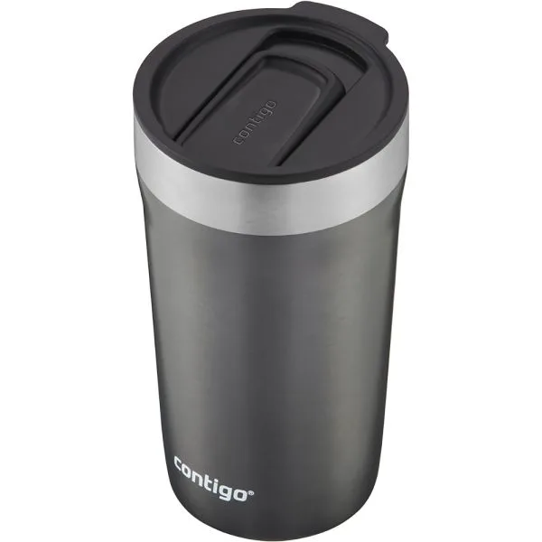 Vaso térmico Contigo Streeterville gris oscuro con tapa negra deslizante y banda metálica plateada cerca del borde superior.