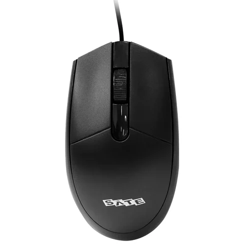 Mouse óptico negro SATE A-37 con cable, dos botones y rueda de desplazamiento.