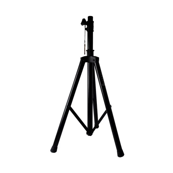 Pedestal negro para parlante con tres patas plegables, tubo telescópico y pasador de seguridad.