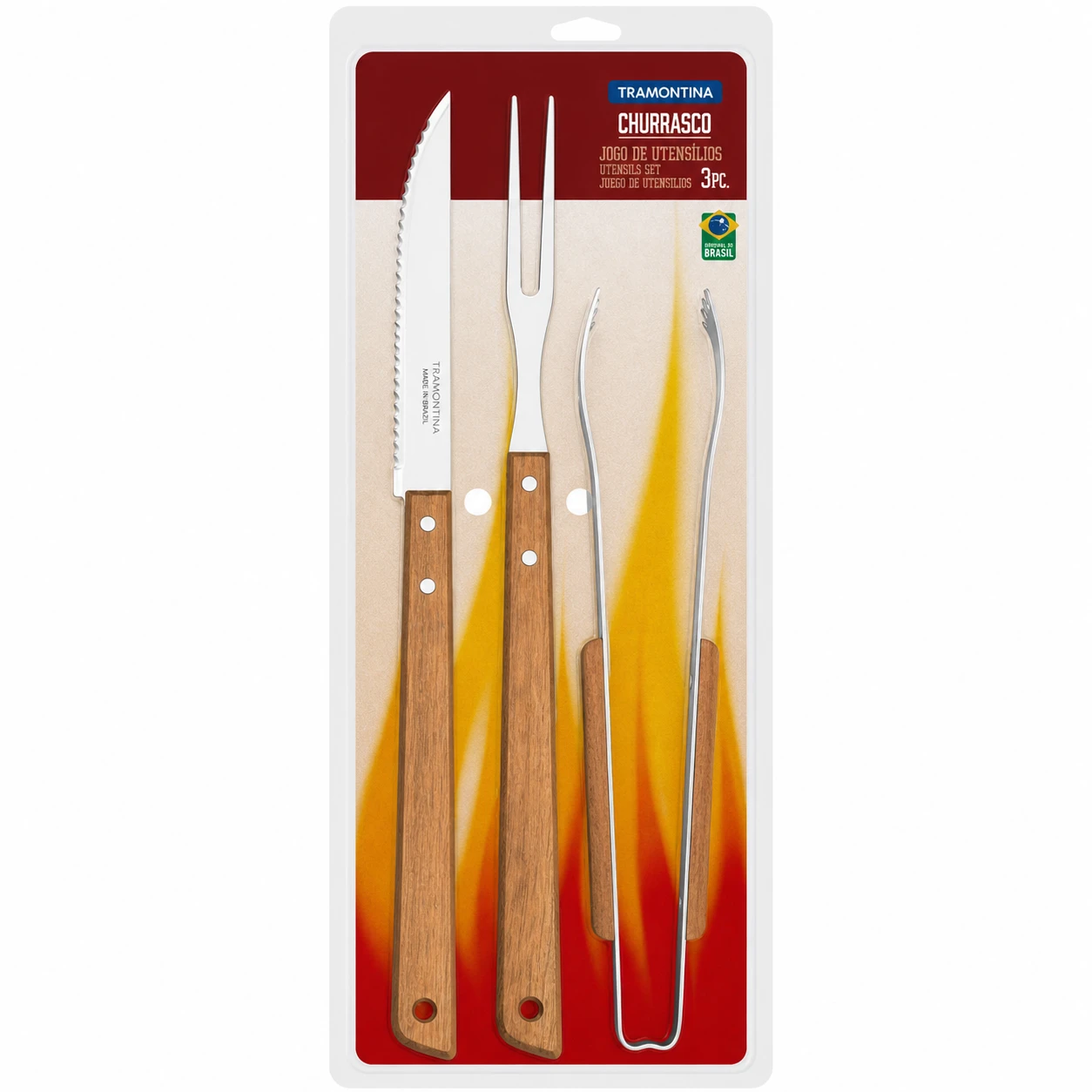 Juego para asado Tramontina Churrasco de 3 piezas con cuchillo, tenedor trinchante y pinza con mangos de madera