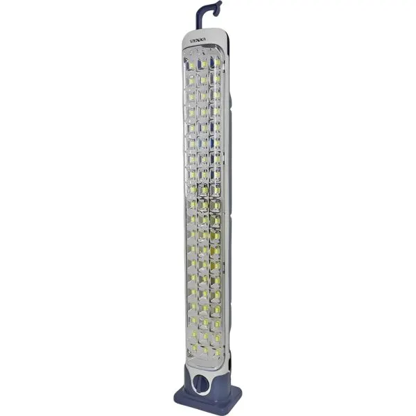 Luz de emergencia LED alargada SATE gris con cubierta transparente, hilera de LED amarillos, gancho negro y control circular.