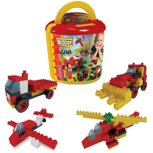 Balde amarillo BLOCKY con tapa roja y bloques armados como vehículos de emergencia