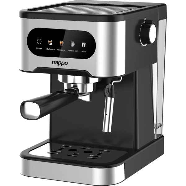 Cafetera espresso Nappo negra y plateada con portafiltro, lanza metálica y depósito transparente posterior.