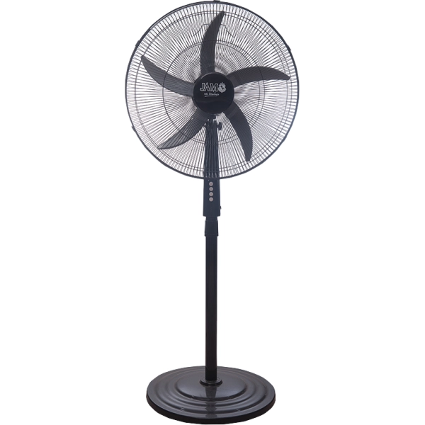 Ventilador de pie JAM negro con rejilla metálica, cinco aspas, columna vertical y base circular.