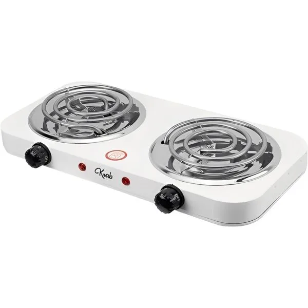 Anafe eléctrico Krab blanco de dos hornallas, con resistencias circulares expuestas, dos perillas frontales y luces rojas.