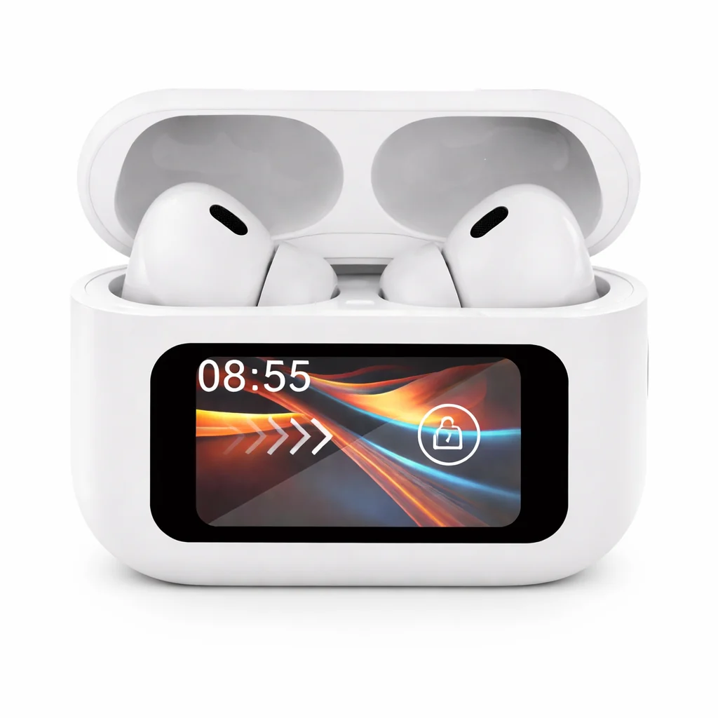 Auriculares SATE AE-6602 blancos dentro de un estuche abierto con pantalla frontal a color.