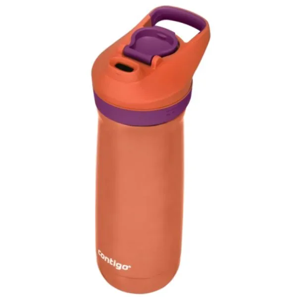 Botella Contigo Kids Casey coral con tapa morada, asa integrada y botón AUTOSEAL.
