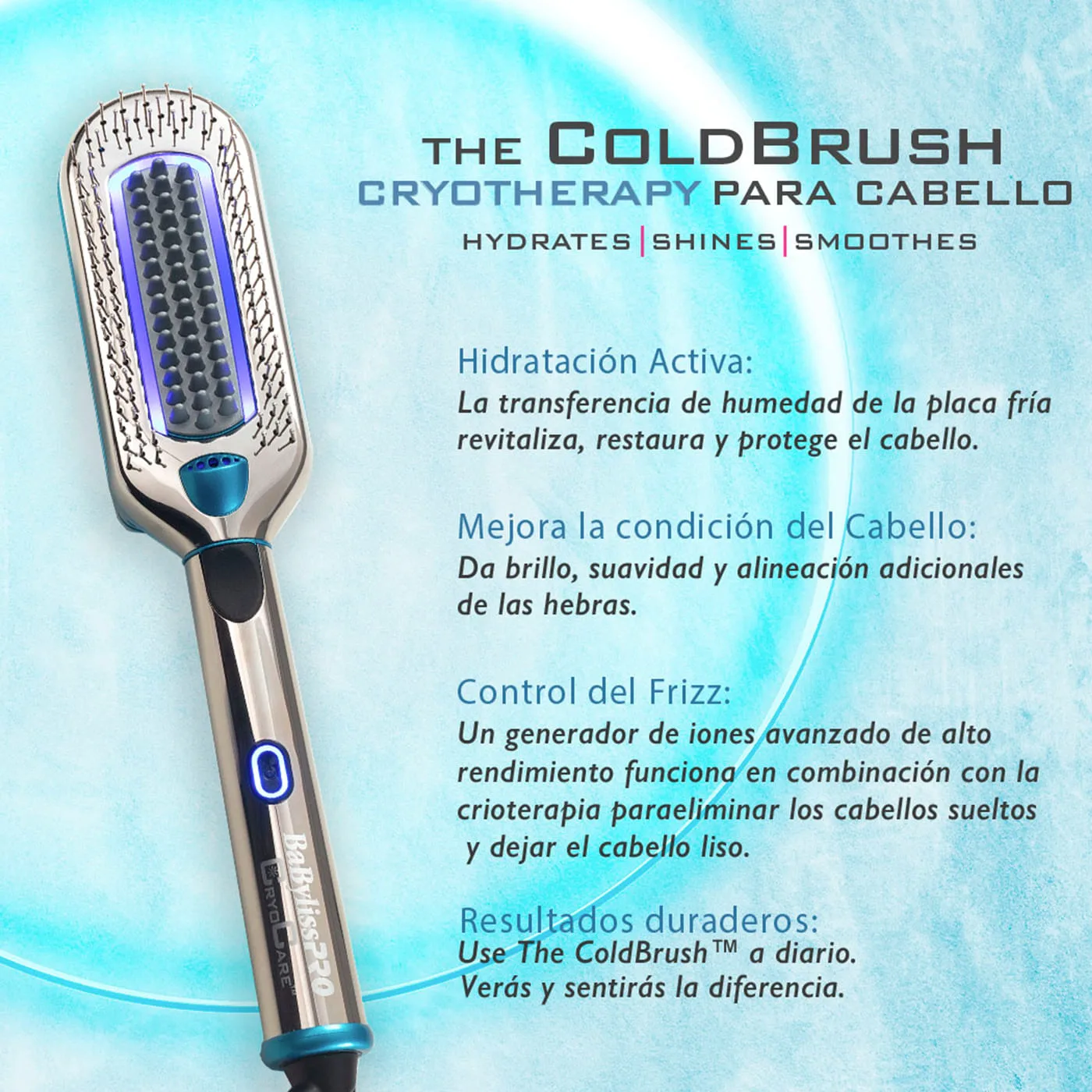 Cepillo eléctrico BaBylissPRO CryoCare plateado con detalles celestes, cerdas ovaladas y cable negro, junto a su envase. - Vista 2