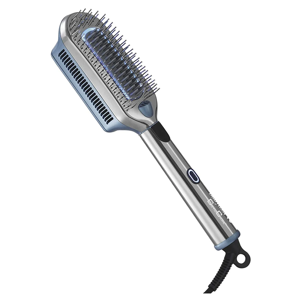 Cepillo eléctrico BaBylissPRO CryoCare plateado con detalles celestes, cerdas ovaladas y cable negro, junto a su envase. - Vista 4