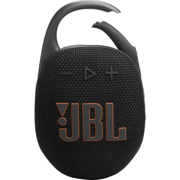 Parlante JBL Clip 5 negro compacto con rejilla textil, logotipo frontal, controles y gancho integrado.