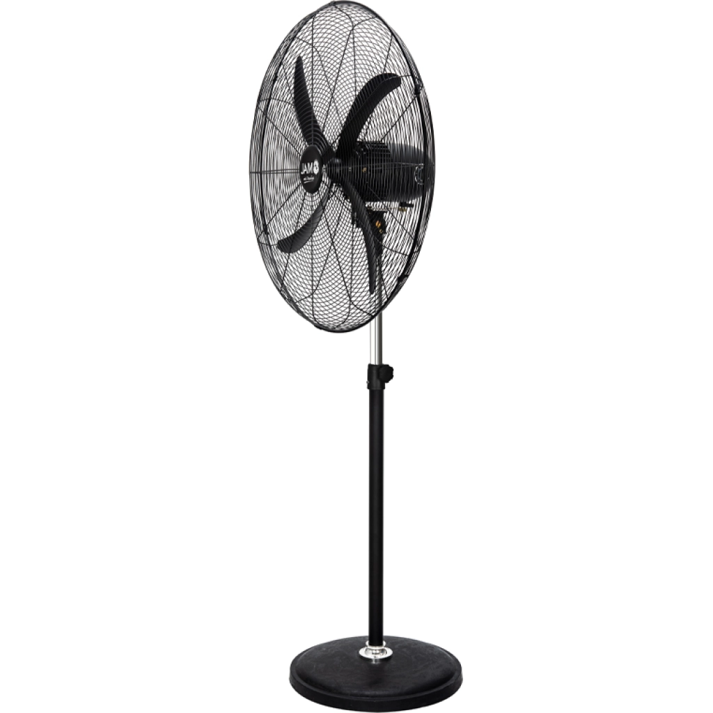 Ventilador industrial JAM negro con cuatro aspas, rejilla metálica, soporte ajustable y base circular.