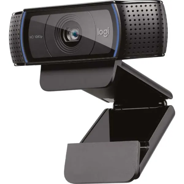 Webcam Logitech negra con lente central, micrófonos integrados y soporte articulado plegable.