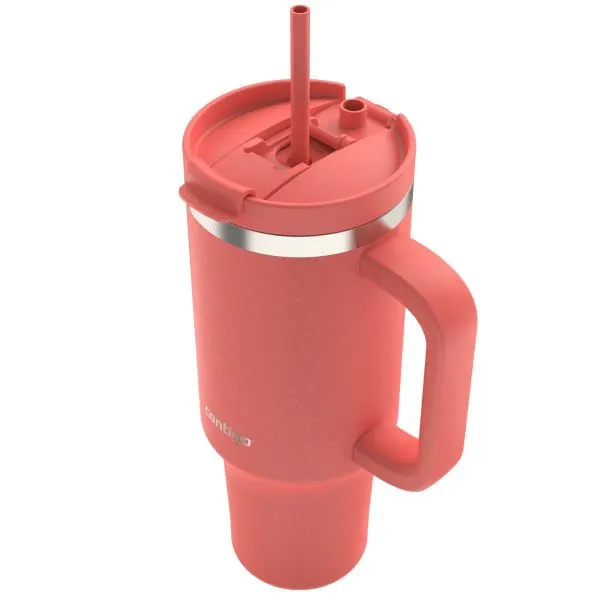 Vaso térmico Contigo color coral con asa lateral grande, tapa a juego, sorbete y banda metálica plateada cerca del borde.