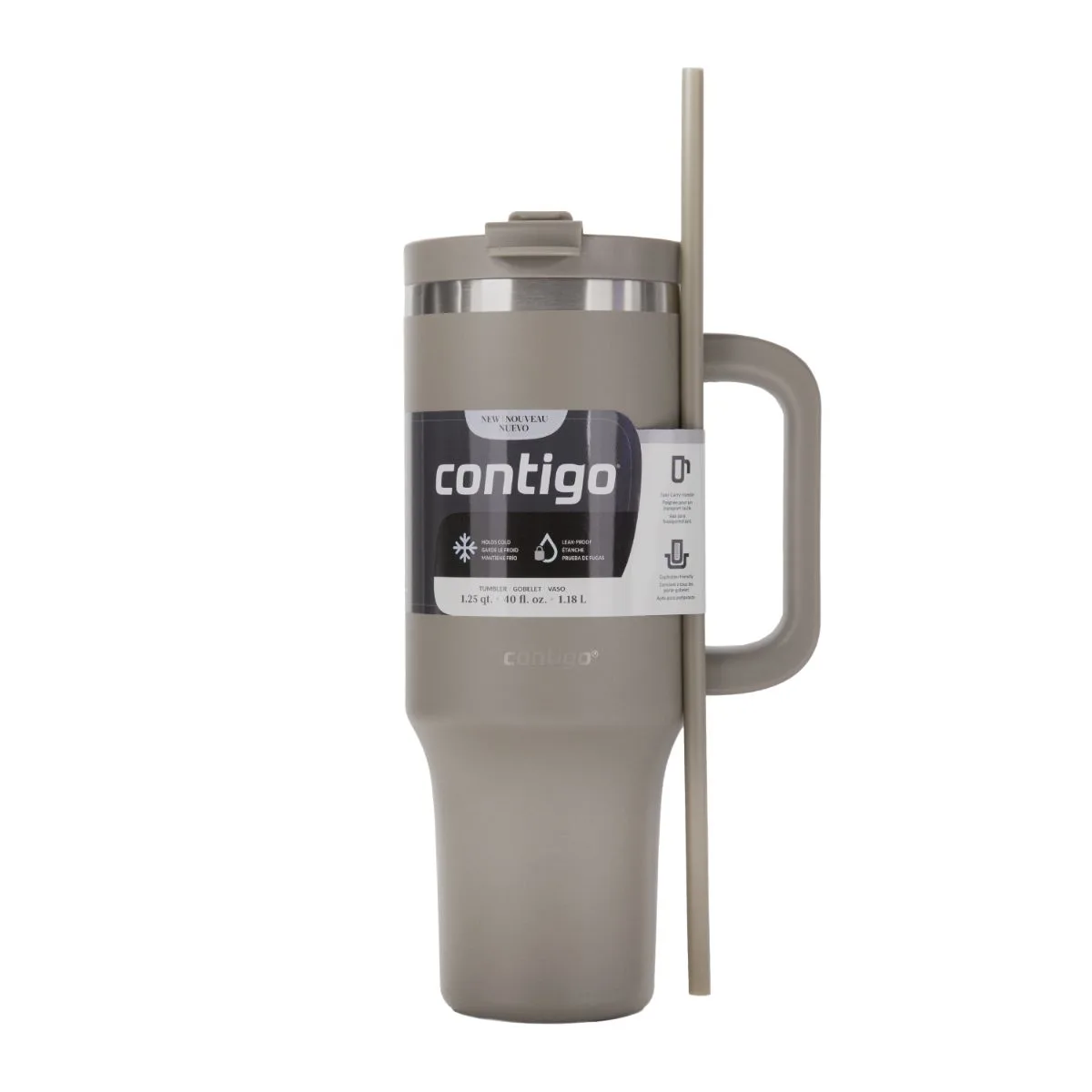 Vaso térmico Contigo gris topo con cuerpo cónico, asa lateral, tapa a juego y bombilla larga.