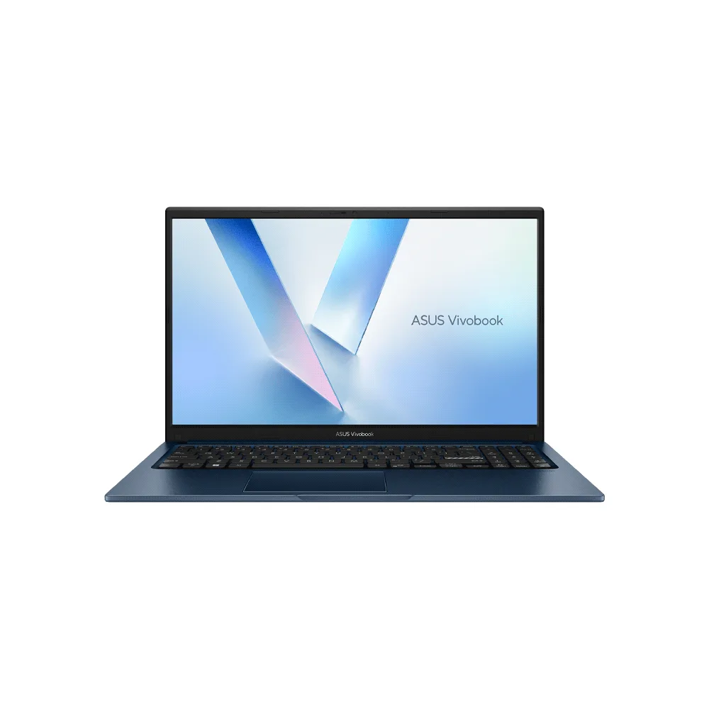 Notebook ASUS Vivobook azul oscuro abierta parcialmente, vista desde atrás y de costado, con teclado y puerto lateral visibles. - Vista 2