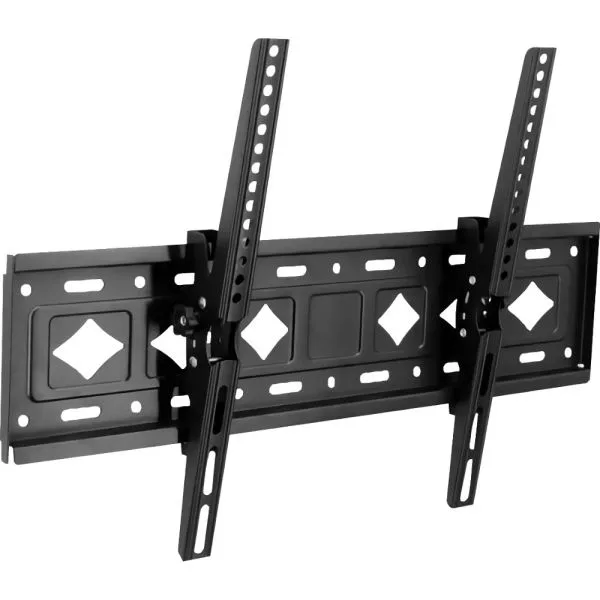 Soporte fijo de pared negro para TV con placa horizontal ranurada y dos rieles verticales perforados.