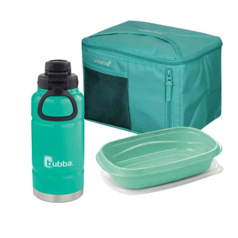 Set o combo escolar Bubba en color verde agua compuesto por termo para líquidos, lonchera térmica y contenedor táper para alimentos