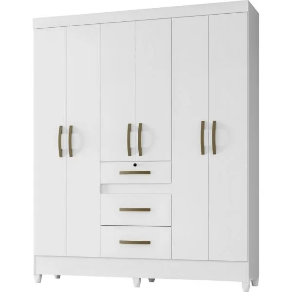 Ropero blanco Moval con seis puertas, tres cajones y tiradores color dorado envejecido, apoyado sobre patas cortas.