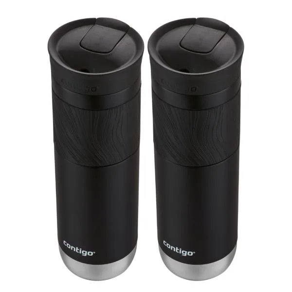 Dos vasos térmicos Contigo Byron negros con tapa, base plateada y zona exterior texturada.
