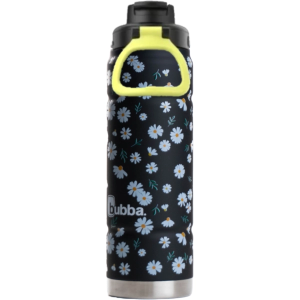 Botella bubba Trailblazer negra con diseño de margaritas, asa amarillo verdosa y base plateada.