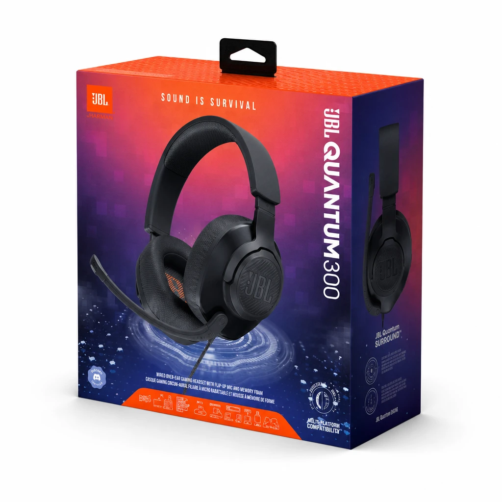 Auriculares Gaming JBL Quantum 300 Over-Ear con micrófono rebatible color negro