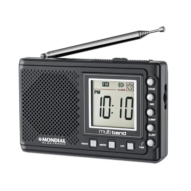 Radio portátil negra Mondial Electronic RP-04 con antena telescópica, pantalla LCD y altavoz frontal