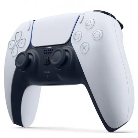 Control PlayStation DualSense blanco y negro con dos sticks, cruceta, botones de acción y panel táctil central.