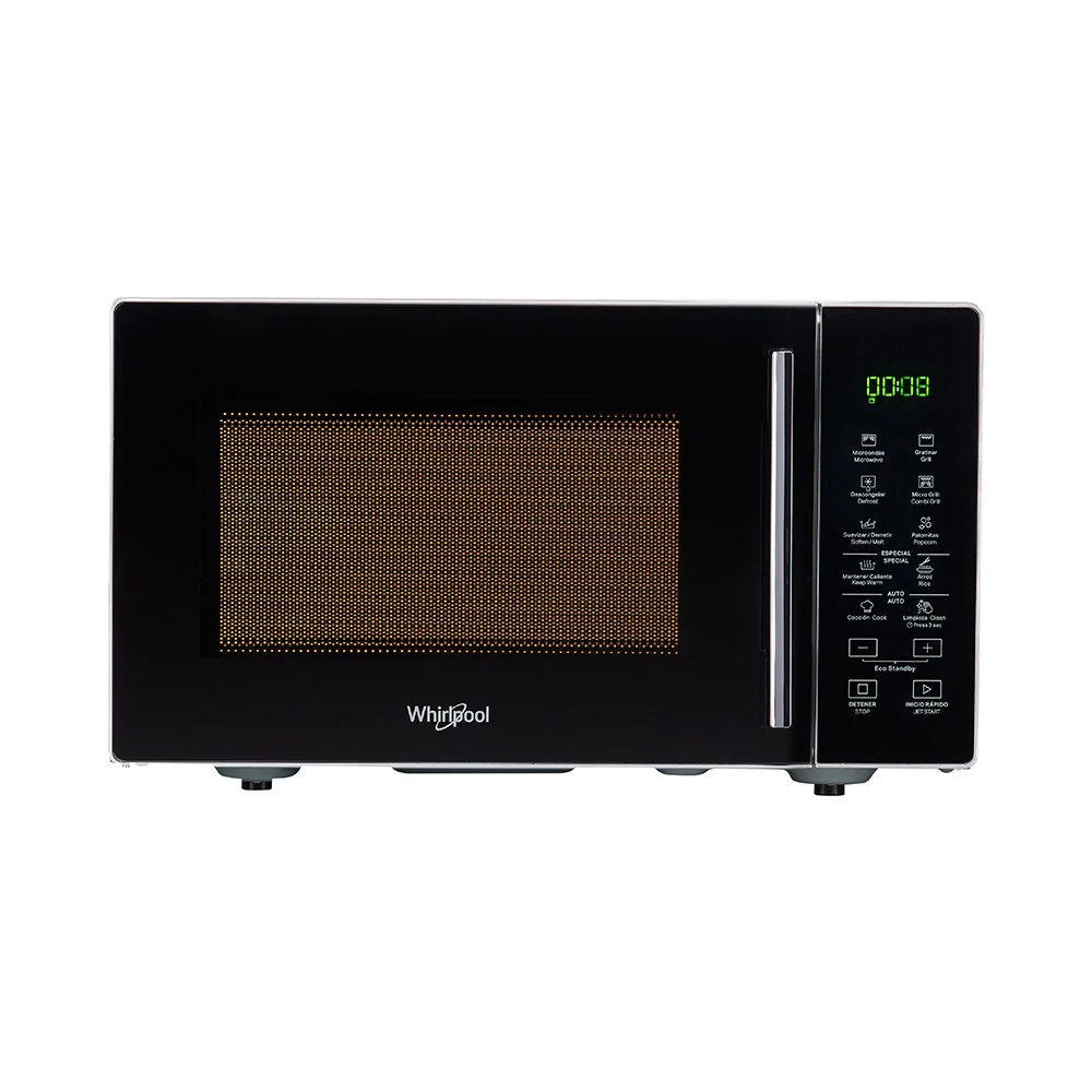 Microondas Whirlpool de 25 L con puerta negra, marco y tirador plateados, pantalla digital verde y panel táctil.