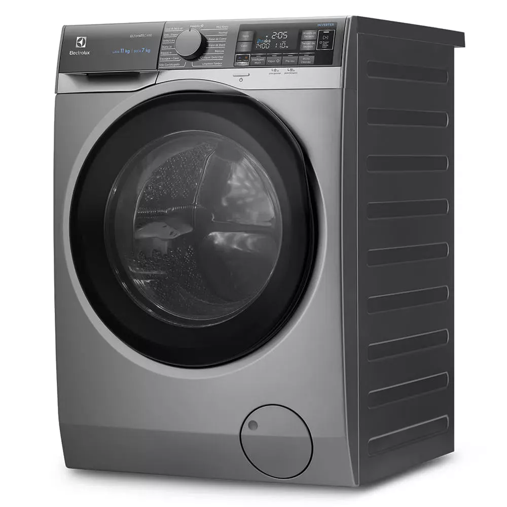 Lavasecarropas Electrolux plateado de carga frontal, con puerta circular oscura, selector giratorio y pantalla digital. - Vista 2