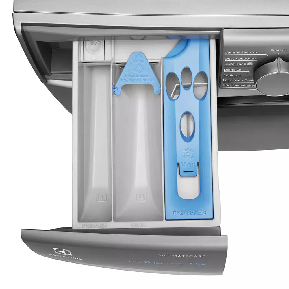 Lavasecarropas Electrolux plateado de carga frontal, con puerta circular oscura, selector giratorio y pantalla digital. - Vista 3