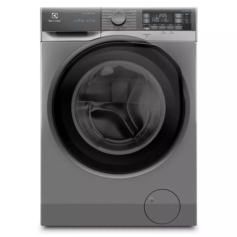 Lavasecarropas Electrolux plateado de carga frontal, con puerta circular oscura, selector giratorio y pantalla digital. - Vista 4
