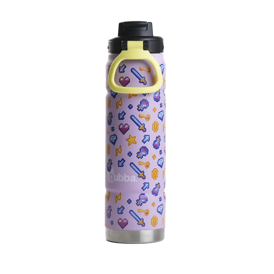 Botella bubba Trailblazer lila con ilustraciones pixeladas, tapa negra, asa amarilla integrada y base plateada.