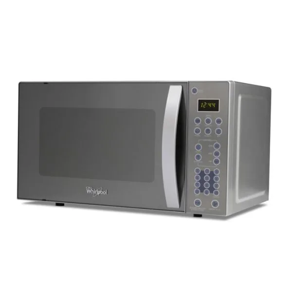 Microondas Whirlpool de sobremesa plateado con puerta de ventana oscura, tirador vertical y panel digital a la derecha.