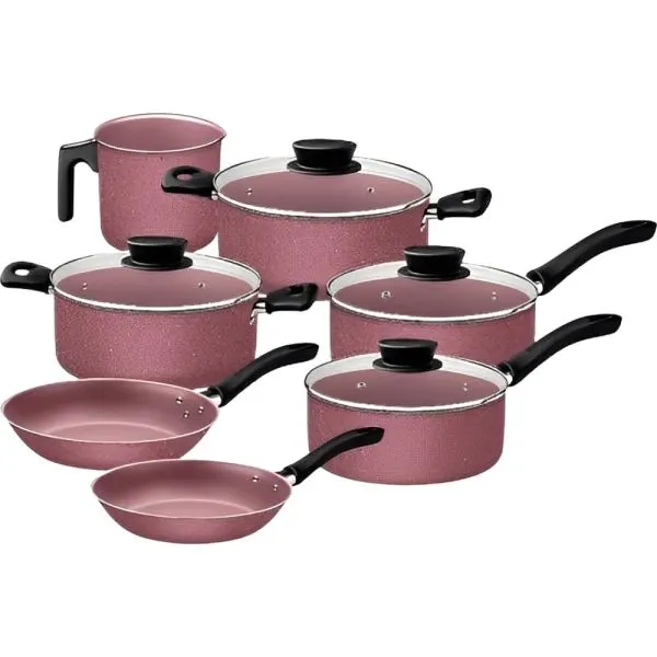 Batería de cocina Tramontina Linz rosa con recipientes y sartenes, tapas con pomos negros y acabado exterior moteado.