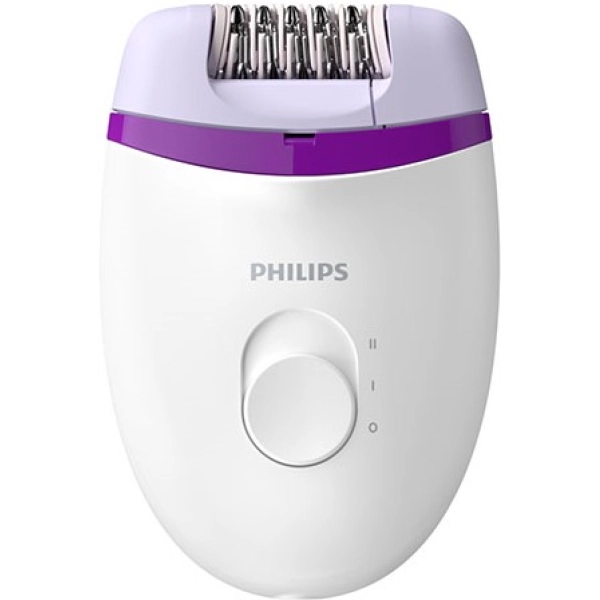Depiladora Philips Satinelle Essential blanca con banda violeta, cabezal metálico y selector de velocidades