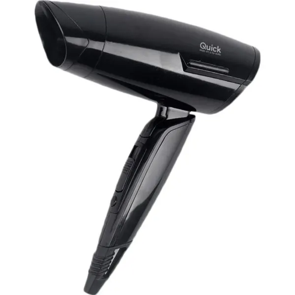 Secador de pelo Quick negro con cuerpo alargado, mango inclinado, controles y abertura circular frontal.