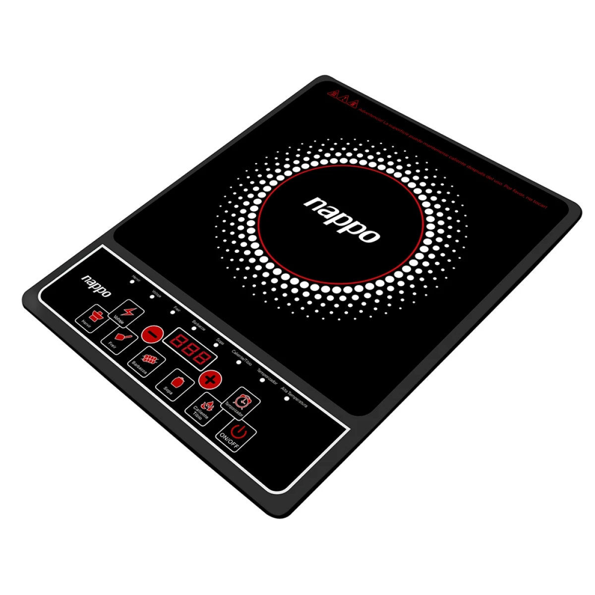 Anafe eléctrico portátil Nappo negro de una zona, con panel táctil y pantalla digital; se muestra con una sartén sobre la superficie. - Vista 2