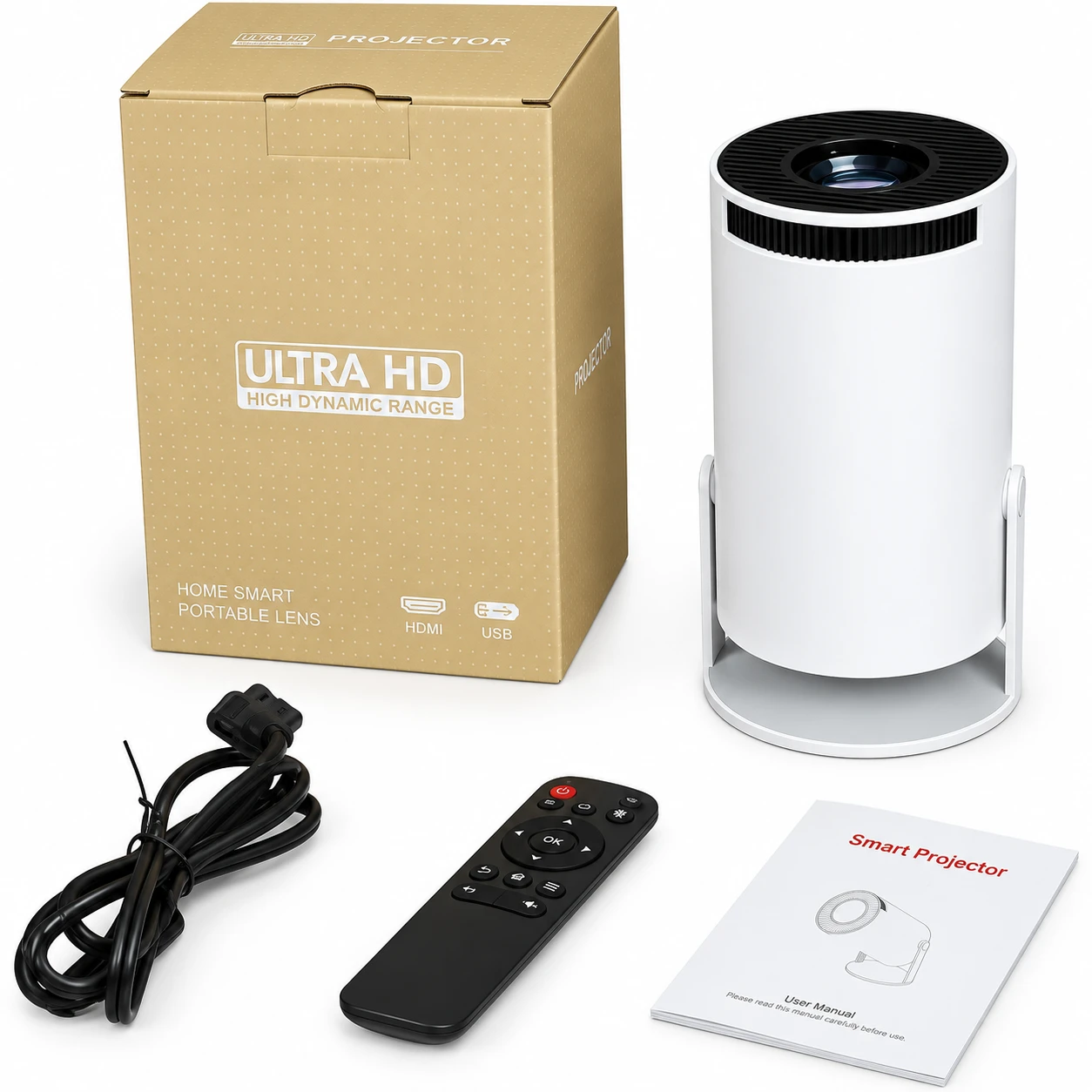 Proyector multimedia compacto Dynamic con lente frontal, controles superiores y conexiones HDMI, USB y VGA.