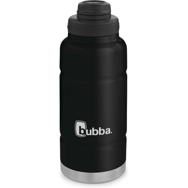 Botella bubba Trailblazer negra de 946 ml con tapa roscada, boquilla superior y base plateada.