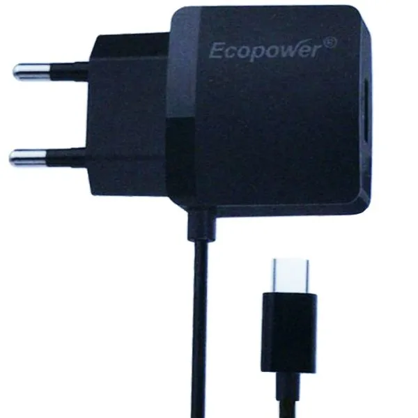 Cargador de pared Ecopower negro con cable USB-C integrado y clavijas redondas