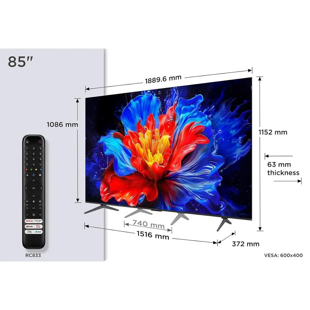 Televisor TCL de 85 pulgadas con biseles delgados y dos patas, mostrando una flor colorida y logotipos de funciones en pantalla. - Vista 2