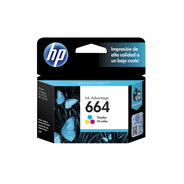 Caja negra de cartucho HP Ink Advantage 664 Tricolor, con logotipo HP e imagen de mariposas.
