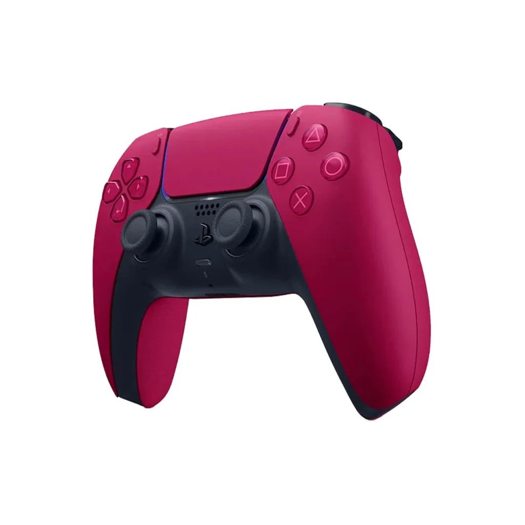 Control PlayStation DualSense rojo/fucsia y negro con dos sticks, cruceta, botones geométricos y panel táctil central.