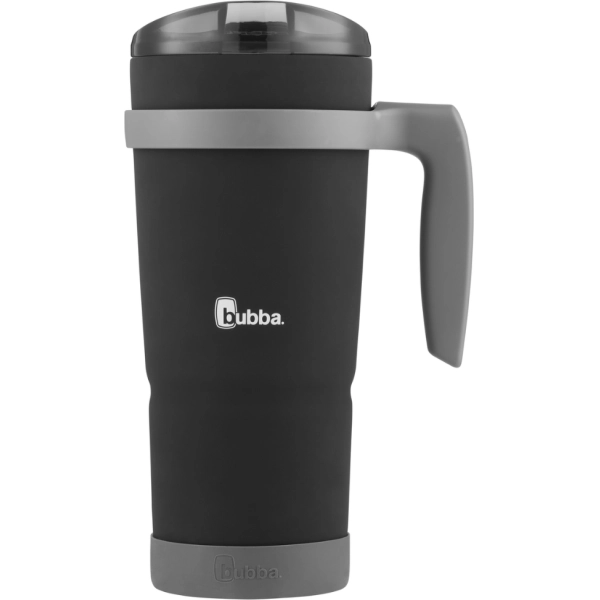 Vaso térmico bubba negro con tapa oscura, manija lateral gris y bota gris en la base.