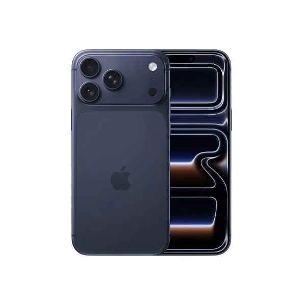 Apple iPhone 17 Pro Max azul oscuro, mostrado de frente y de espaldas, con conjunto de cámaras traseras en la esquina superior izquierda.