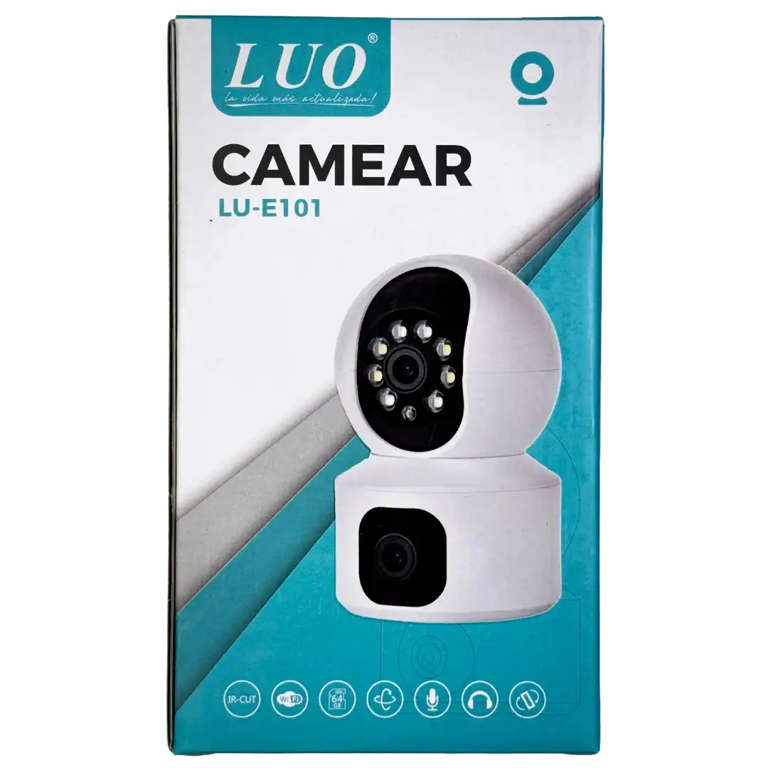 Cámara blanca de interior con dos lentes en caja blanca y turquesa LUO LU-E101.