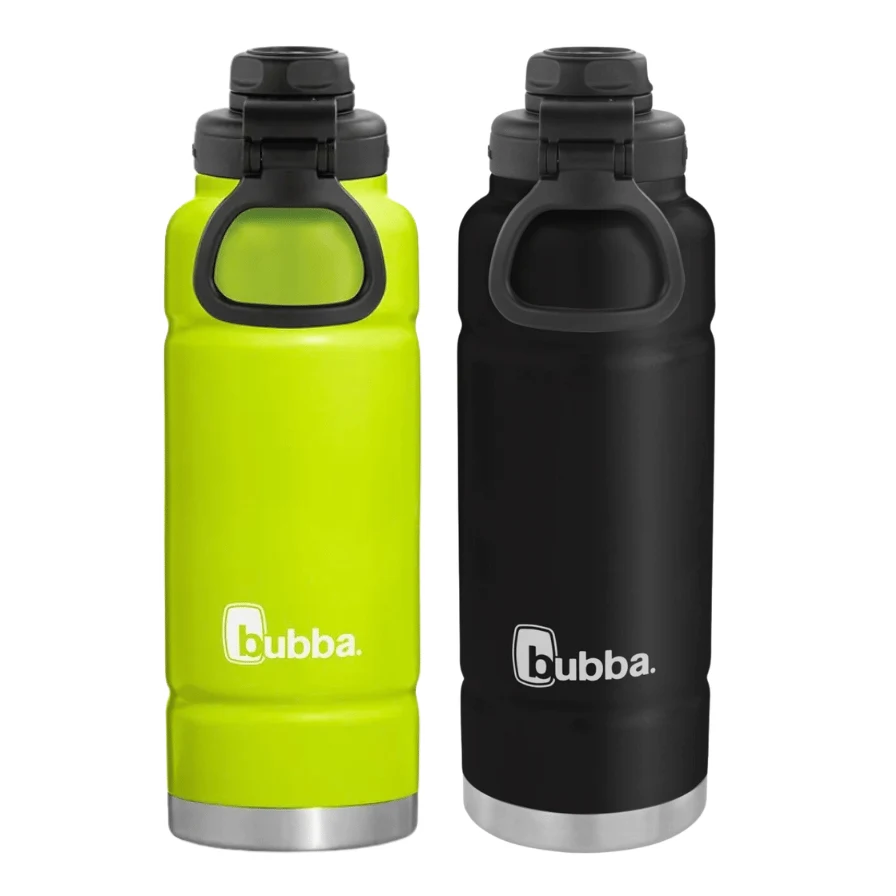 Dos botellas bubba Trailblazer, una verde lima y otra negra, con asas integradas, tapas gris oscuro y bases plateadas.