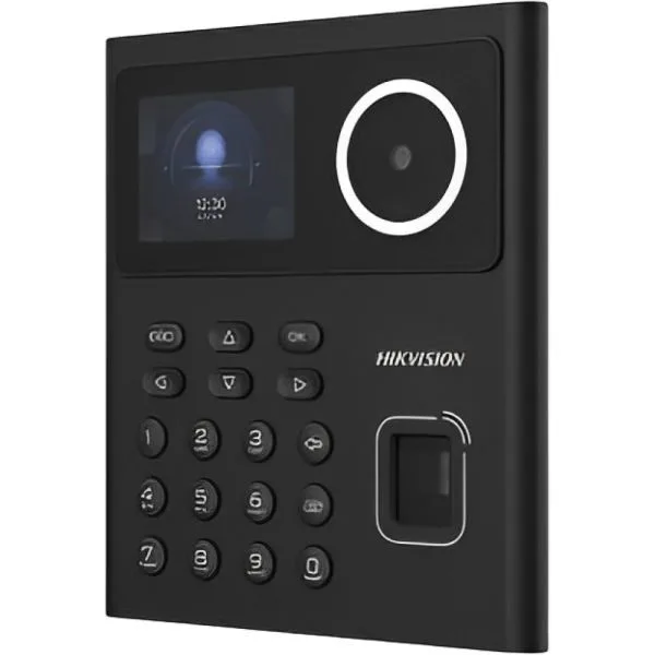 Terminal Hikvision negro con pantalla, cámara, teclado numérico y lector frontal