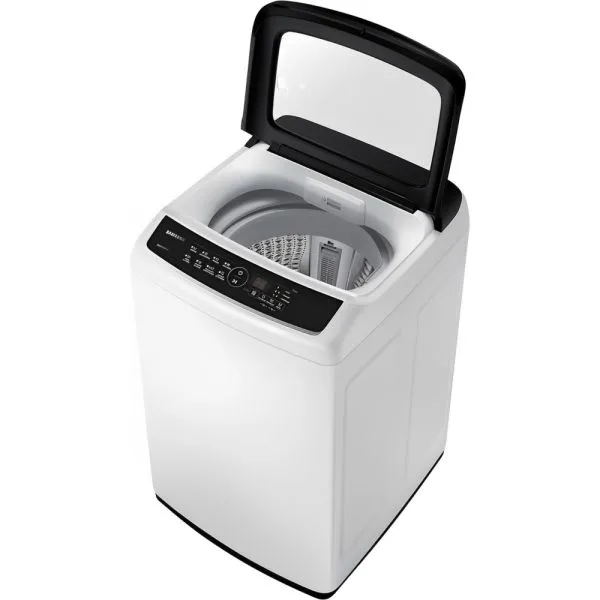 Lavarropas Samsung blanco de carga superior con tapa negra abierta y controles en el borde superior frontal.