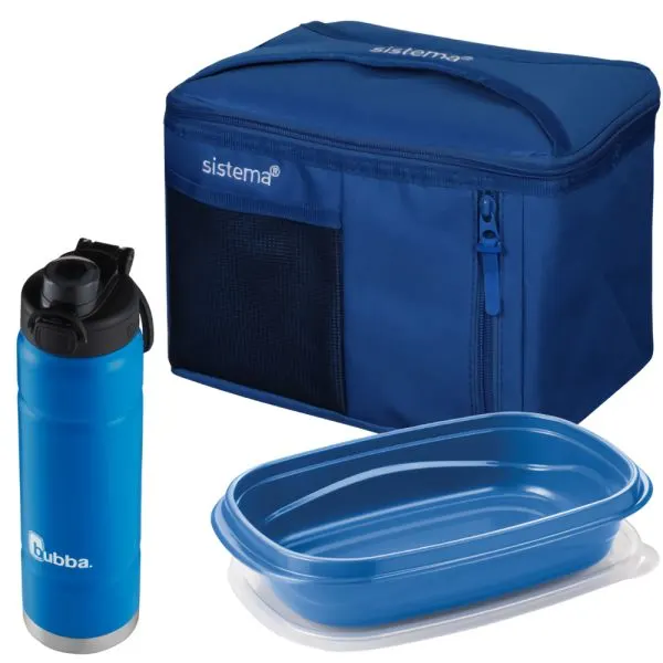 Combo escolar azul con lonchera acolchada de bolsillo frontal, botella azul con tapa negra y recipiente rectangular con tapa transparente.